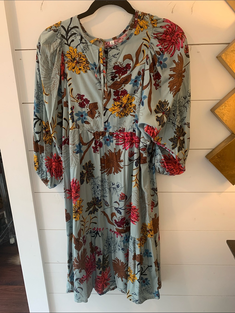 Light Blue Floral Tie-Neck Tiered Midi Dress
